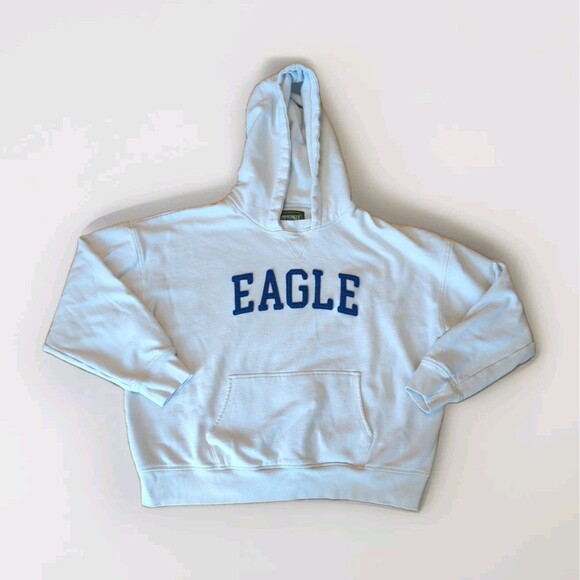 American Eagle Hoodie Sweatshirt Mens Small Blue Cream Spell Out Logo VTG Y2K - Picture 1 of 9